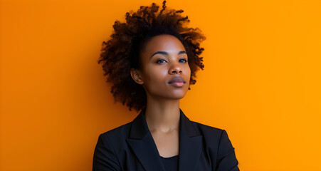 A professional woman in a business suit standing on an orange background with copy space for text, Black History Month and Women's History Month banner. celebrating women's achievements in business