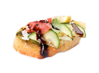 Delicious bruschetta with balsamic vinegar and toppings isolated on white