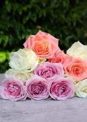 Beautiful bouquet of roses on light grey table outdoors, closeup