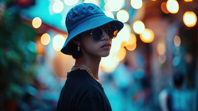 Preppy meets athletic Fuse preppy charm and sporty aesthetics with this electric blue bucket hat, oversized black tshirt, and blue shorts combination for a unique and fashionforward look.