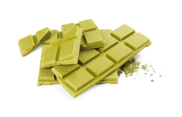 Pieces of tasty matcha chocolate bar and powder isolated on white