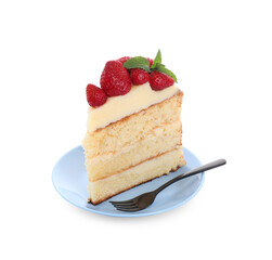 Piece of tasty cake with fresh strawberries and mint isolated on white