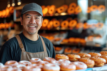 Smiling mature asian man posing at a doughnut shop looking at the camera - obrazy, fototapety, plakaty