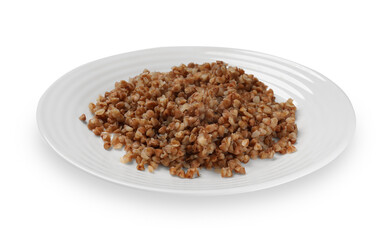 Plate with tasty buckwheat isolated on white