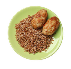 Plate with tasty buckwheat and cutlets isolated on white, top view