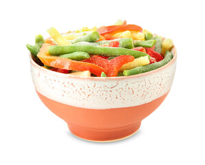 Mix of different frozen vegetables in bowl isolated on white