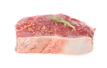 Steak of raw beef meat and spices isolated on white