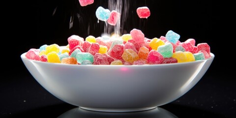 In this captivating shot, a sful of vibrant cereal pieces hovers above the bowl, ready to dive into the awaiting milk. The sugary crystals glint under the light, evoking a delightful sense