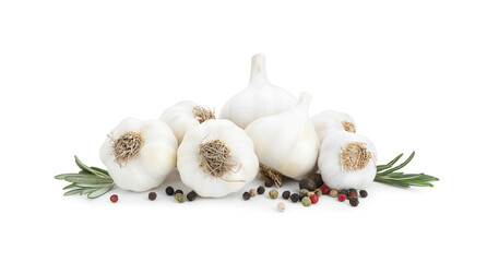 Fresh garlic bulbs, peppercorns and rosemary isolated on white