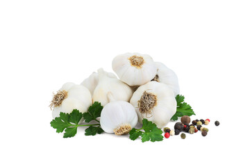 Fresh garlic bulbs, peppercorns and parsley isolated on white