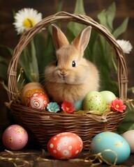 Little Rabbit In A Basket With Decorated Eggs - Easter Card, copy space - generative ai