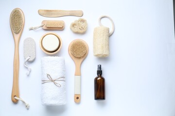Fototapeta na wymiar Bath accessories. Flat lay composition with personal care products on white background, space for text