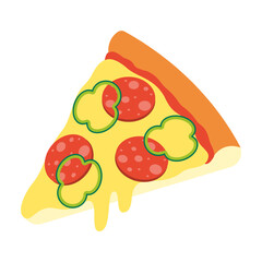 vector illustration of a slice of pizza with salami, green peppers and cheese for banners, cards, flyers, social media wallpapers, etc.