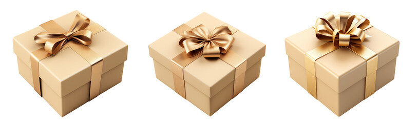 Gift box with gold satin ribbon. Transparent background. PNG. Generative AI