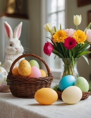 Fototapeta na wymiar easter rabbits and coloful eggs