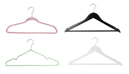 Different empty hangers isolated on white, set