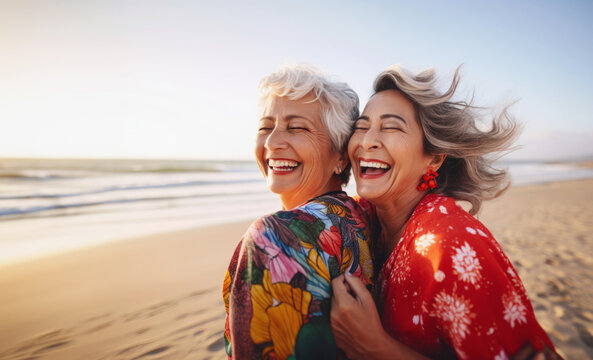 Two laughing grandmwomen closed her eyses with pleasure, showing white teeth, hugging  on a sea background. Happy rest, journey concept.