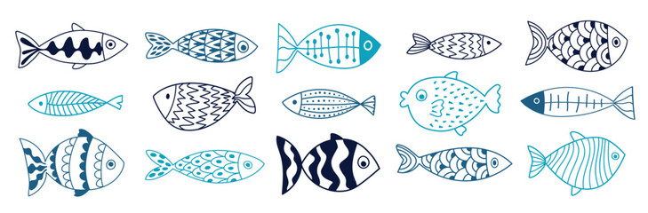 Collection of vector hand-drawn cute fish in flat style. Big set of fish body vector icons. Vector illustration for icon, logo, print, icon, card, emblem, label, sticker - obrazy, fototapety, plakaty