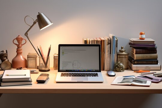 Front view of student wooden desk with white screen laptop and a lot of books on beige wall background, High quality photo. Generative AI Illustration.