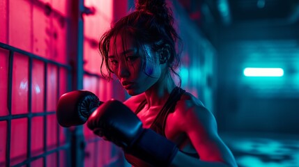 Young Asian woman with boxing gloves. Focused training