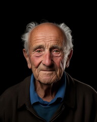 An old man with a deeply wrinkled face and white hair is looking at the camera with a faint smile. Studio shot photo on black background. Close up.  Generative AI