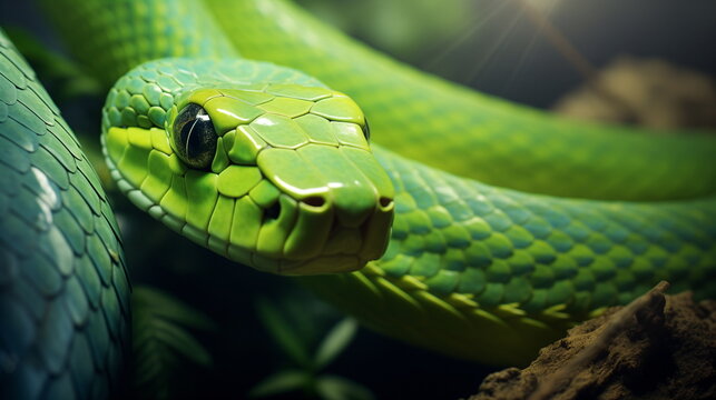 Close-up of a green snake's face, photo with focus on the surface texture of the snake's skin. Generative AI
