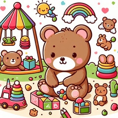 Cute cartoon bear is playing with his friends on a white background