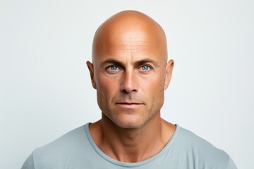 Portrait of handsome bald man looking at camera, over grey background