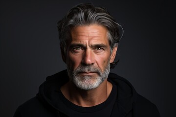 Portrait of a handsome bearded mature man with gray hair and beard.