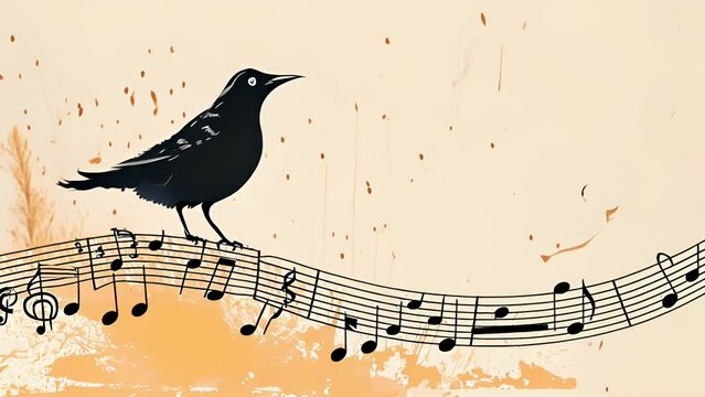 Dancing Blackbird on Musical Staff. Music Bird with Floating Notes. Looping. Animated Background / Wallpaper. VJ / Vtuber / Streamer Backdrop. Seamless Loop.