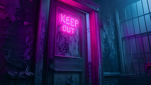 Creepy Glowing Neon “Keep Out” Sign on a Spooky Door with Night Window and Grafitti. Horror Movie Style Cinematic Footage. Animated Background / Live Wallpaper.