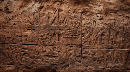 Old ancient Egyptian hieroglyphs carved on the wall of brown stone texture. Stone inscriptions. Close-up. Generative AI - obrazy, fototapety, plakaty