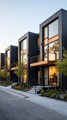 Contemporary modular black townhouses with a private design. Exterior showcasing modern residential architecture - obrazy, fototapety, plakaty