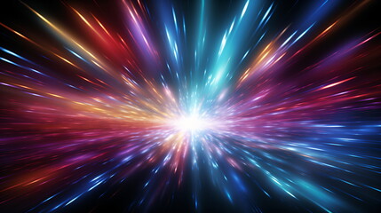 Fototapeta premium A dynamic appearance in which rays of light of various and colorful colors spread out as if exploding from the center of the darkness. Future universe space, unknown world, light energy speed.