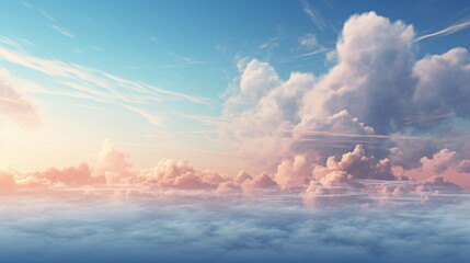 A Blue sky above pinkish puffy clouds. Generative AI