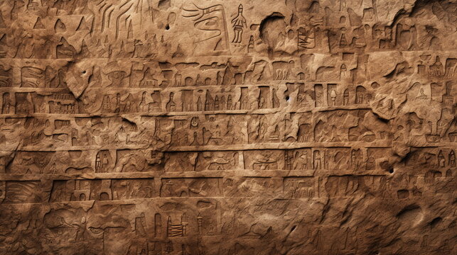 Old ancient Egyptian hieroglyphs carved on the wall of brown stone texture. Stone inscriptions. Close-up. Generative AI