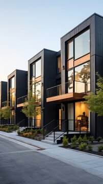 Contemporary modular black townhouses with a private design. Exterior showcasing modern residential architecture