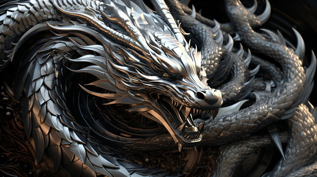 A dragon statue with a gorgeous silver metal texture that catches the light. Close-up of the dragon's face. Generative AI