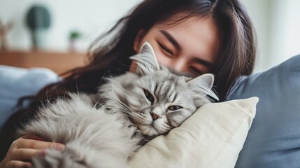 Happy young asian woman hugging cute grey persian cat on couch in living room at home, Adorable domestic pet concept - obrazy, fototapety, plakaty
