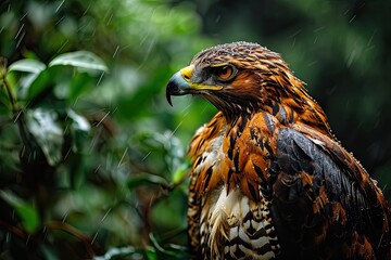 Portrait of Javan Hawk-Eagle with rain fall in the forest AI Generative