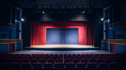 The empty stage, illuminated by red and blue curtains and soft lighting, along with vacant seats devoid of anyone. stage, theater, performance hall. Generative AI