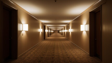 Fototapeta premium A long hallway in a brown-toned hotel with a carpet on the floor and room doors and lights on both sides. perspective. Generative AI