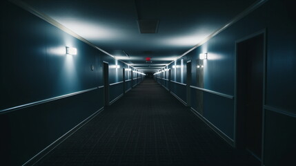 A dark, long, empty hotel hallway with carpet on the floor, many doors on both walls, and lights. perspective.