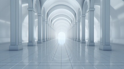 A long white arched hallway with columns on either side, featuring perspective, with light shining through at the far end of the hallway. Generative AI