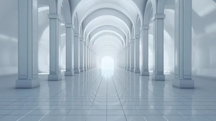 Fotobehang A long white arched hallway with columns on either side, featuring perspective, with light shining through at the far end of the hallway. Generative AI © seogi