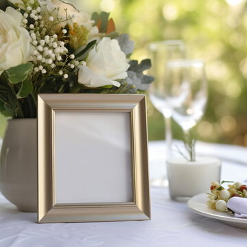 Extreme close up of a blank stand picture frame on a wedding table. surroundings are a beautiful modern wedding. - Generative AI