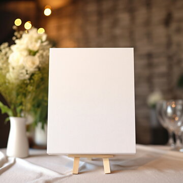 Extreme close up of a blank stand picture frame on a wedding table. surroundings are a beautiful modern wedding. - Generative AI