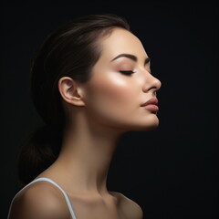 Fototapeta premium I want a close-up shot of the woman posing from the side profile, a professional photo on a black background, plastic surgeon website - Generative AI