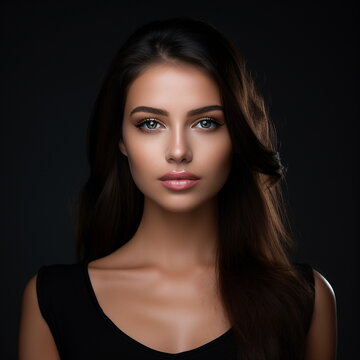 I want a close-up shot of the woman posing from the front profile, a professional photo on a black background, plastic surgeon website - Generative AI