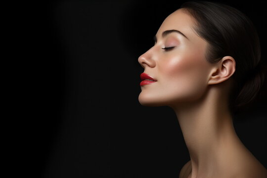 I want a close-up shot of the woman posing from the side profile, a professional photo on a black background, plastic surgeon website - Generative AI